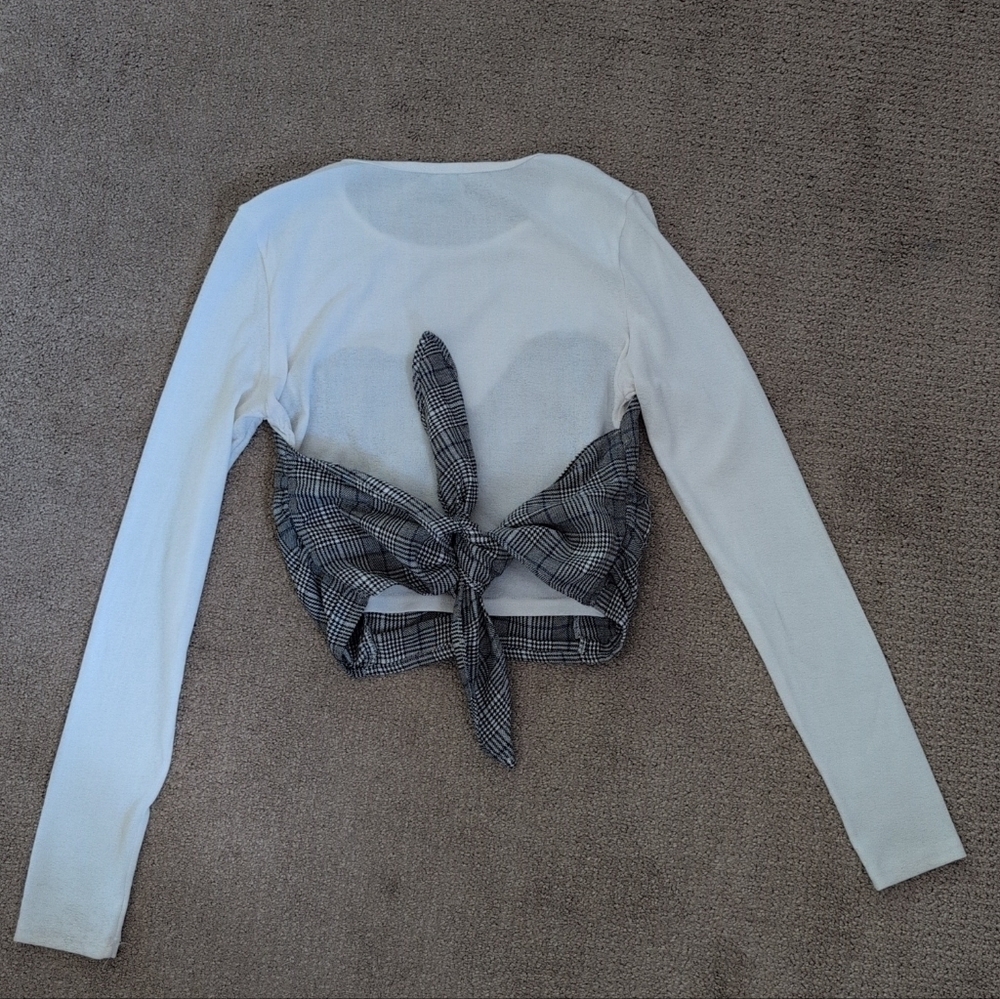 Shoedazzle Milk & Honey Long Sleeve Plaid Tie Waist Bustier Crop Top - Picture 2 of 11